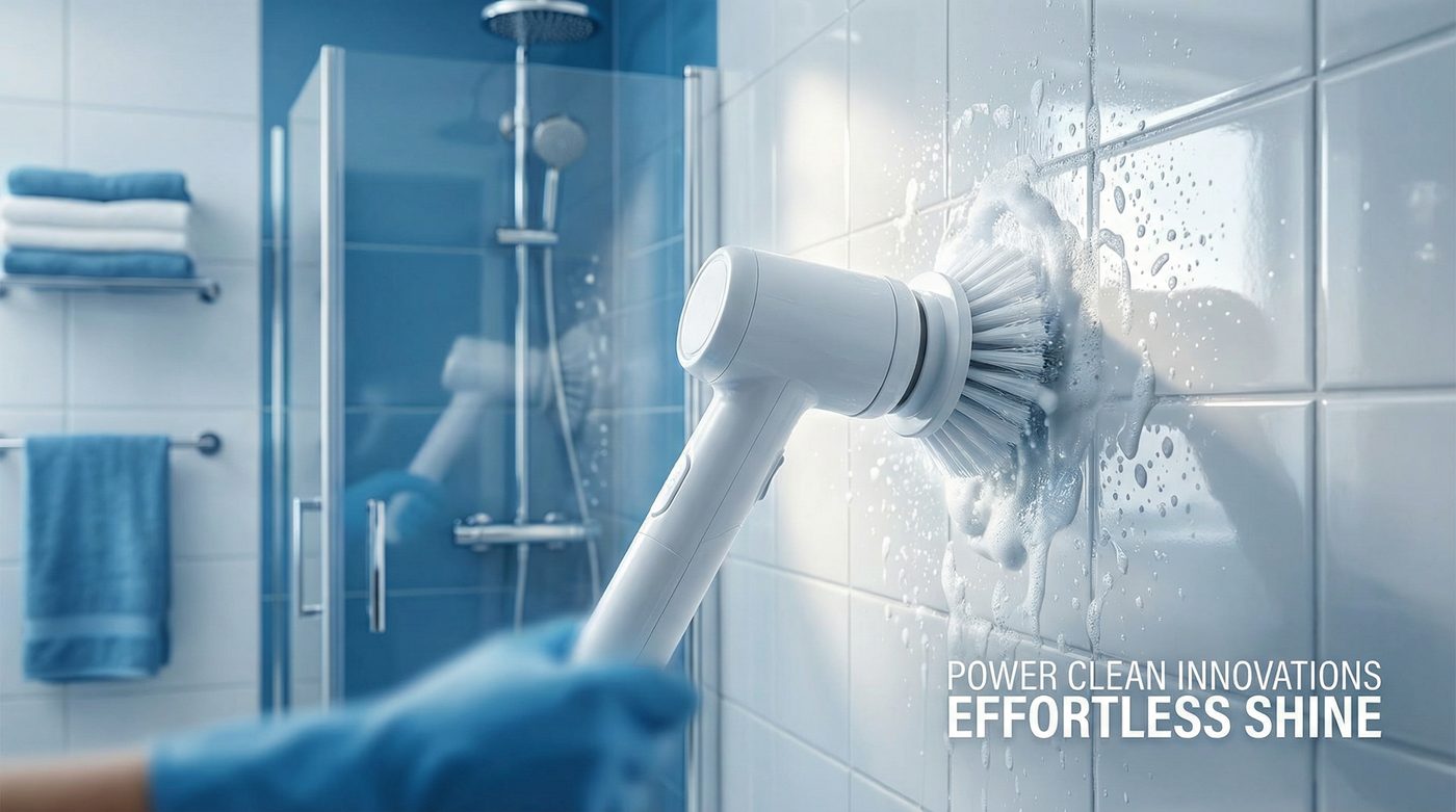 Synoshi Power Spin Scrubber cleaning bathroom tiles effortlessly