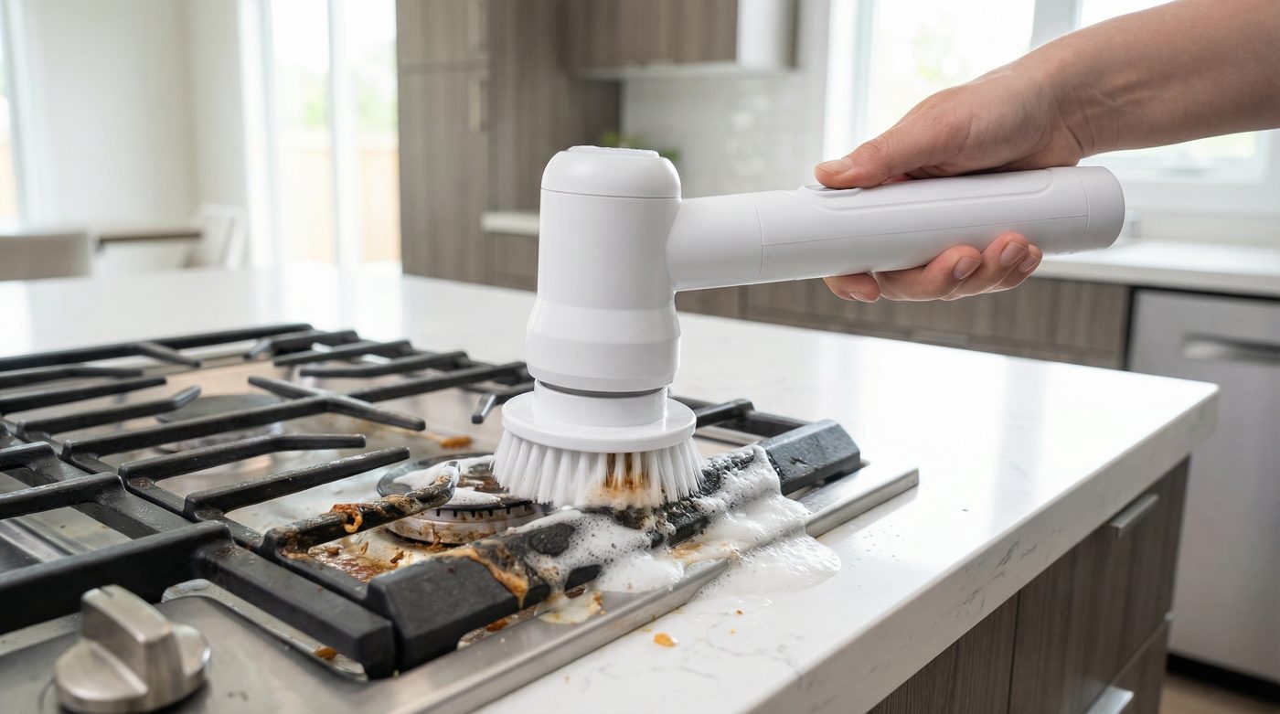 Synoshi being used to clean kitchen stovetop