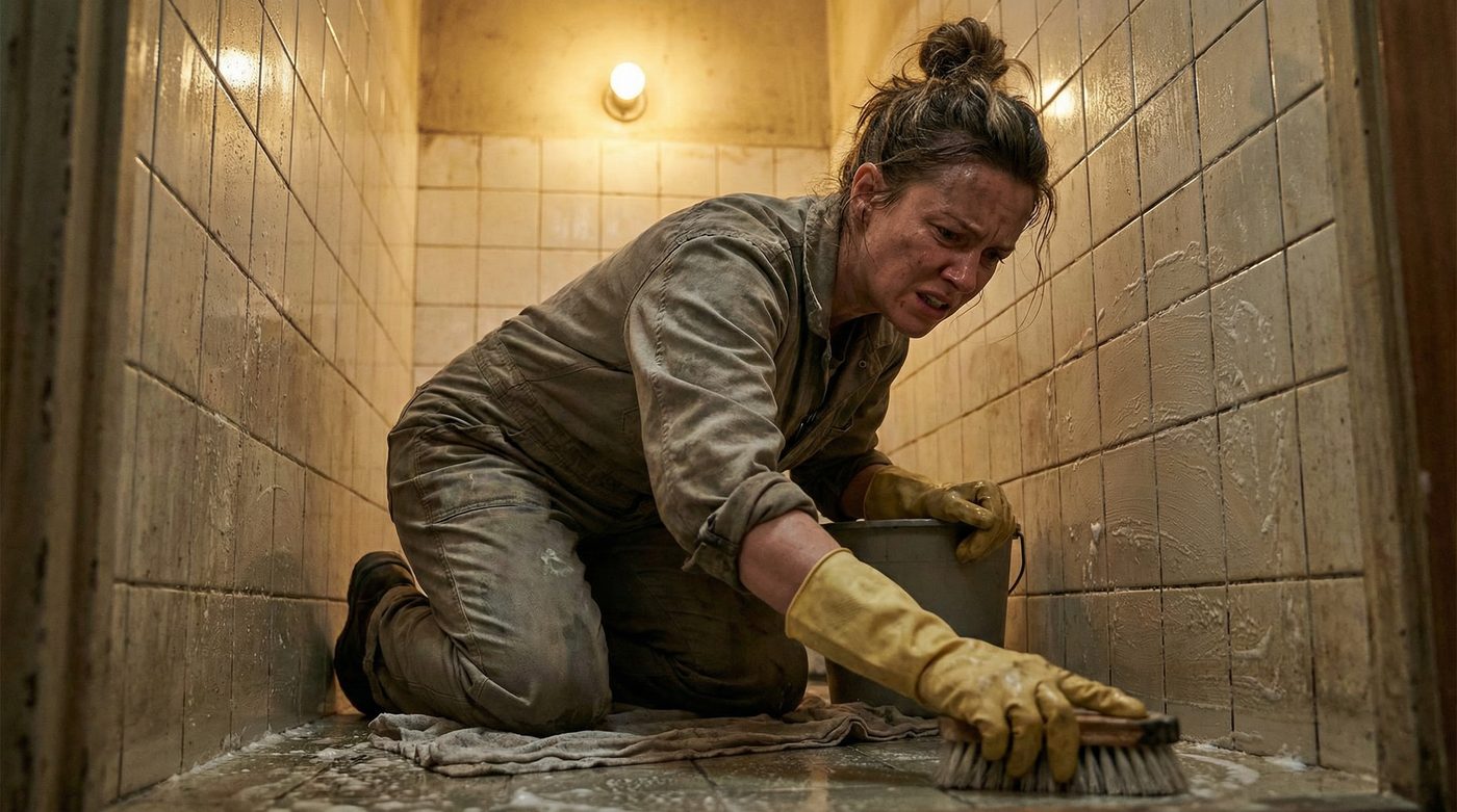 Exhausted woman scrubbing bathroom floor the traditional way